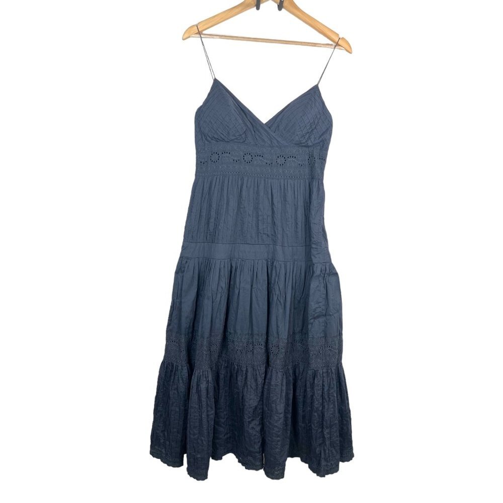 Eliza J Cinch crochet pleated ruffle midi‎ dress navy sz 10